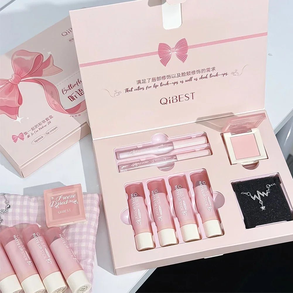 8 - Piece Velvet Lip & Blush Gift Set — Matte Liquid Lipstick, Blush Palette & Necklace - Mzunye