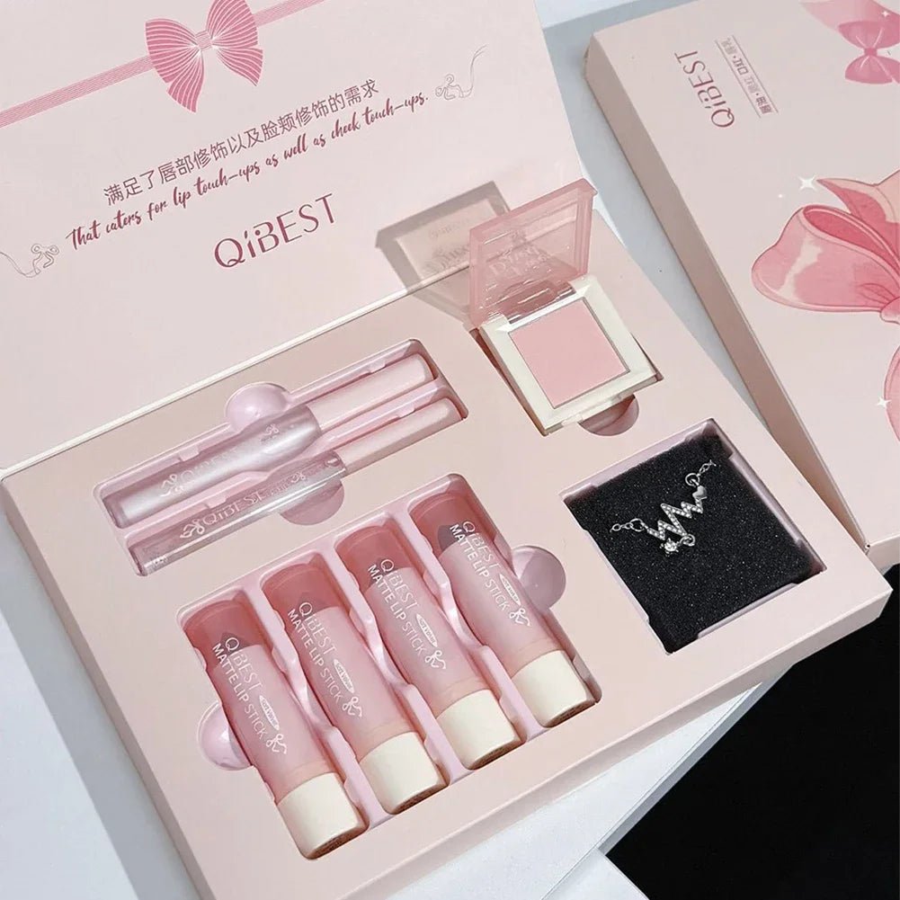 8 - Piece Velvet Lip & Blush Gift Set — Matte Liquid Lipstick, Blush Palette & Necklace - Mzunye