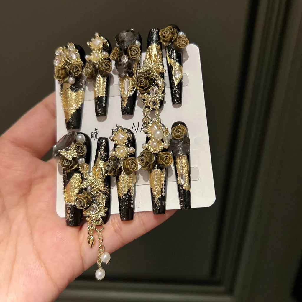 Black Gold Luxury Press - On Nails — Dark Glam Handmade Style in XS–L Sizes - Mzunye