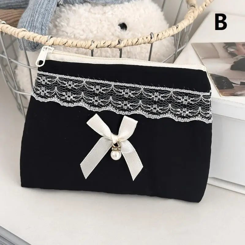 Black Lace Bow Makeup Bag — Large Capacity Korean Travel Cosmetic Organizer - Mzunye