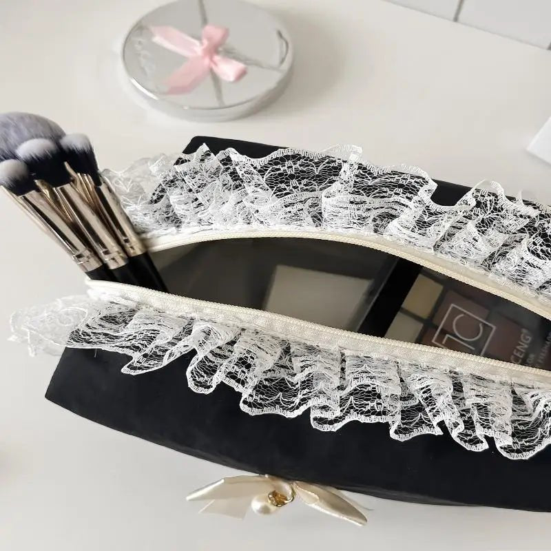 Black Lace Bow Makeup Bag — Large Capacity Korean Travel Cosmetic Organizer - Mzunye