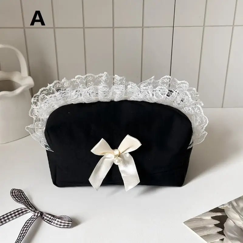 Black Lace Bow Makeup Bag — Large Capacity Korean Travel Cosmetic Organizer - Mzunye