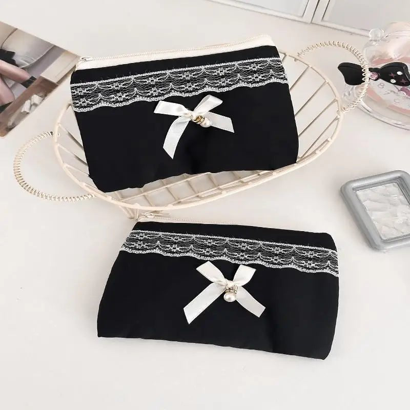 Black Lace Bow Makeup Bag — Large Capacity Korean Travel Cosmetic Organizer - Mzunye