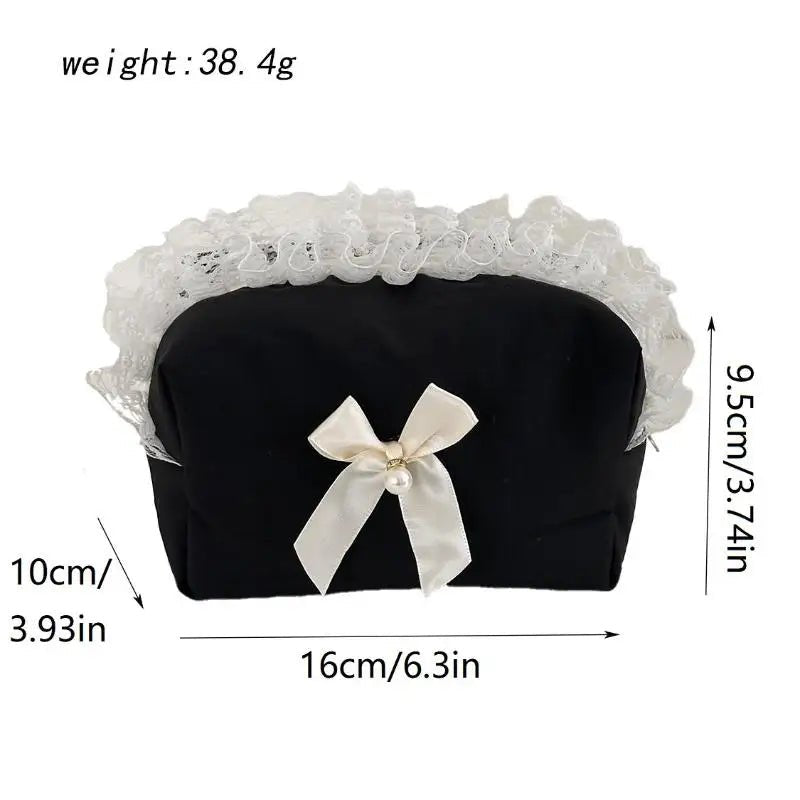 Black Lace Bow Makeup Bag — Large Capacity Korean Travel Cosmetic Organizer - Mzunye