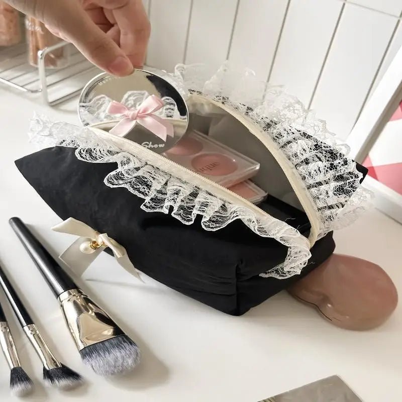 Black Lace Bow Makeup Bag — Large Capacity Korean Travel Cosmetic Organizer - Mzunye