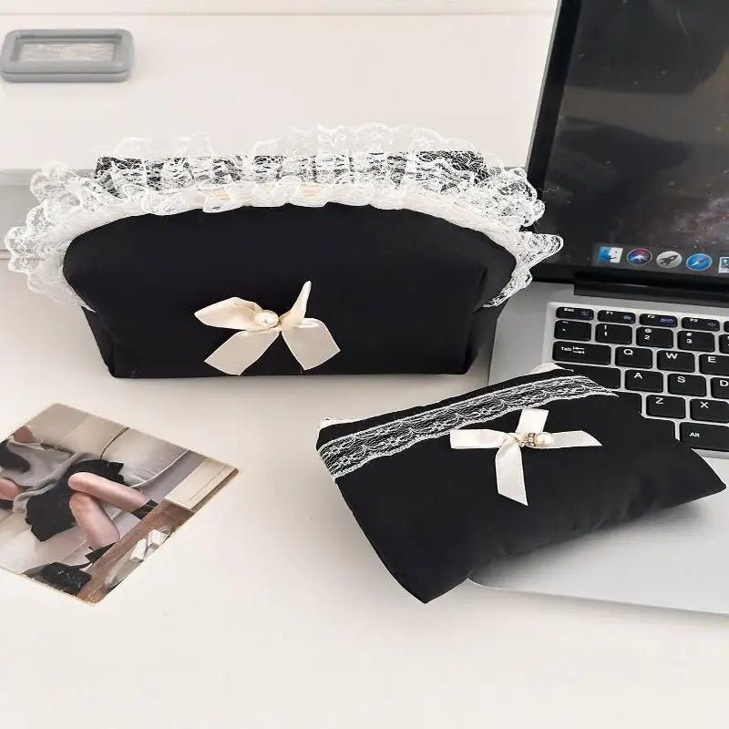 Black Lace Bow Makeup Bag — Large Capacity Korean Travel Cosmetic Organizer - Mzunye