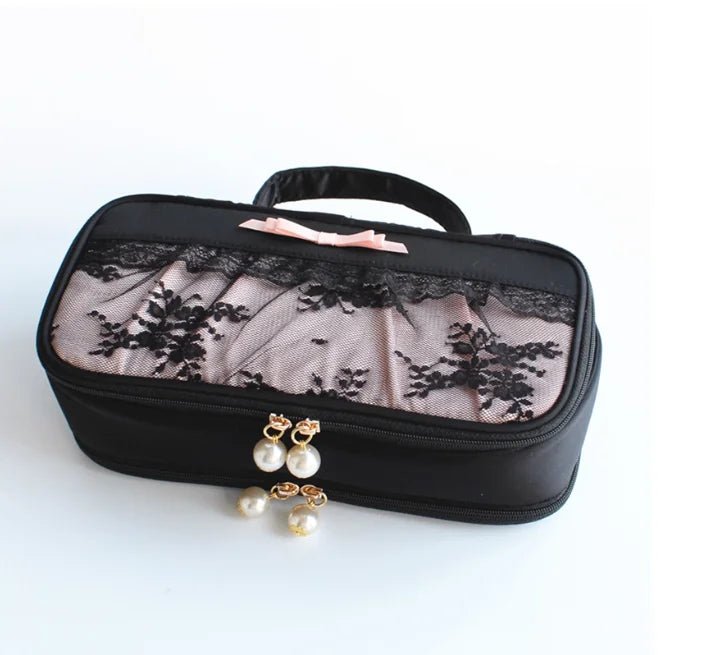 Black Lace Handheld Cosmetic Bag – Elegant Bow Makeup & Travel Organizer - Mzunye
