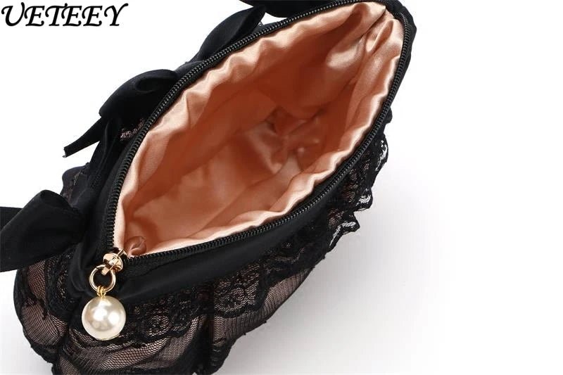 Black Lace Handheld Cosmetic Bag – Elegant Bow Makeup & Travel Organizer - Mzunye