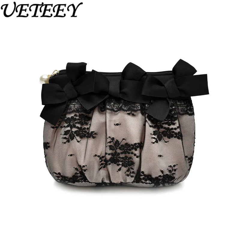Black Lace Handheld Cosmetic Bag – Elegant Bow Makeup & Travel Organizer - Mzunye
