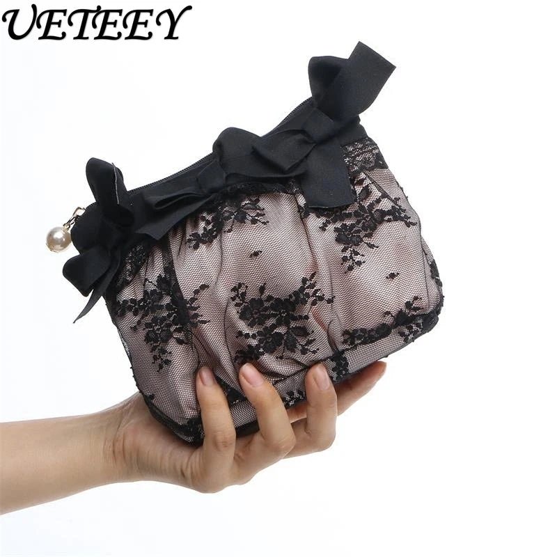 Black Lace Handheld Cosmetic Bag – Elegant Bow Makeup & Travel Organizer - Mzunye