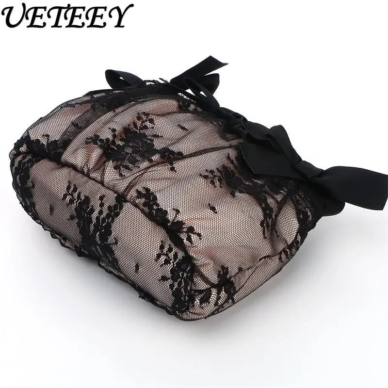 Black Lace Handheld Cosmetic Bag – Elegant Bow Makeup & Travel Organizer - Mzunye