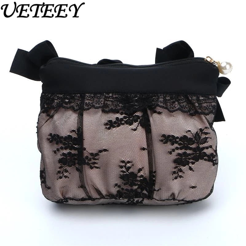 Black Lace Handheld Cosmetic Bag – Elegant Bow Makeup & Travel Organizer - Mzunye