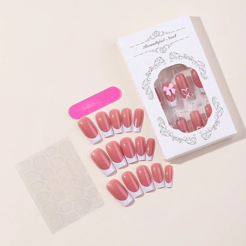 Chic Bow Tie Press - On Nails — Medium Long Glossy Beige Square Full Cover Acrylic Set - Mzunye