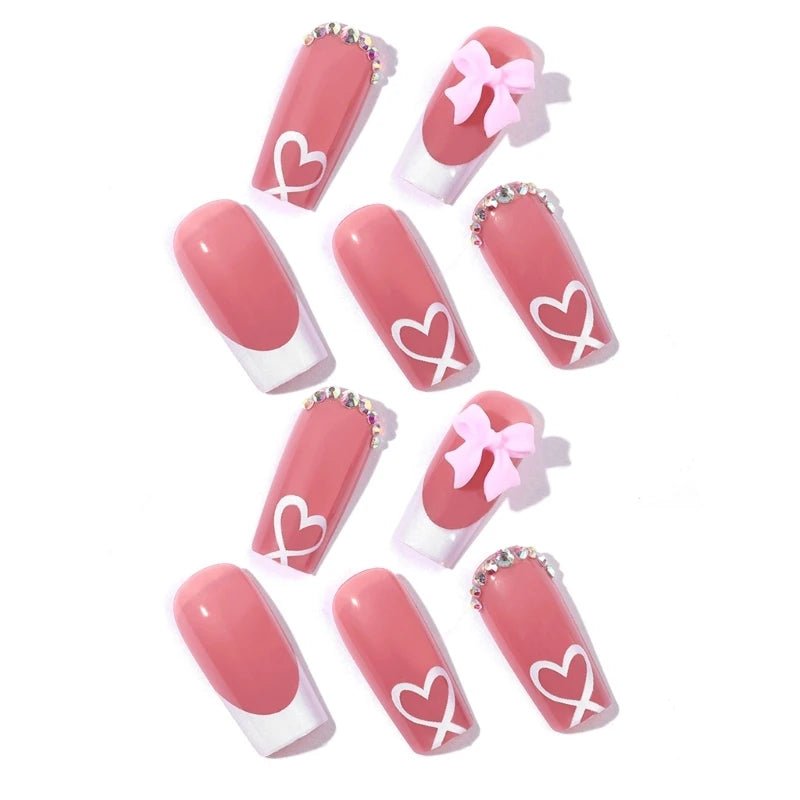 Chic Bow Tie Press - On Nails — Medium Long Glossy Beige Square Full Cover Acrylic Set - Mzunye