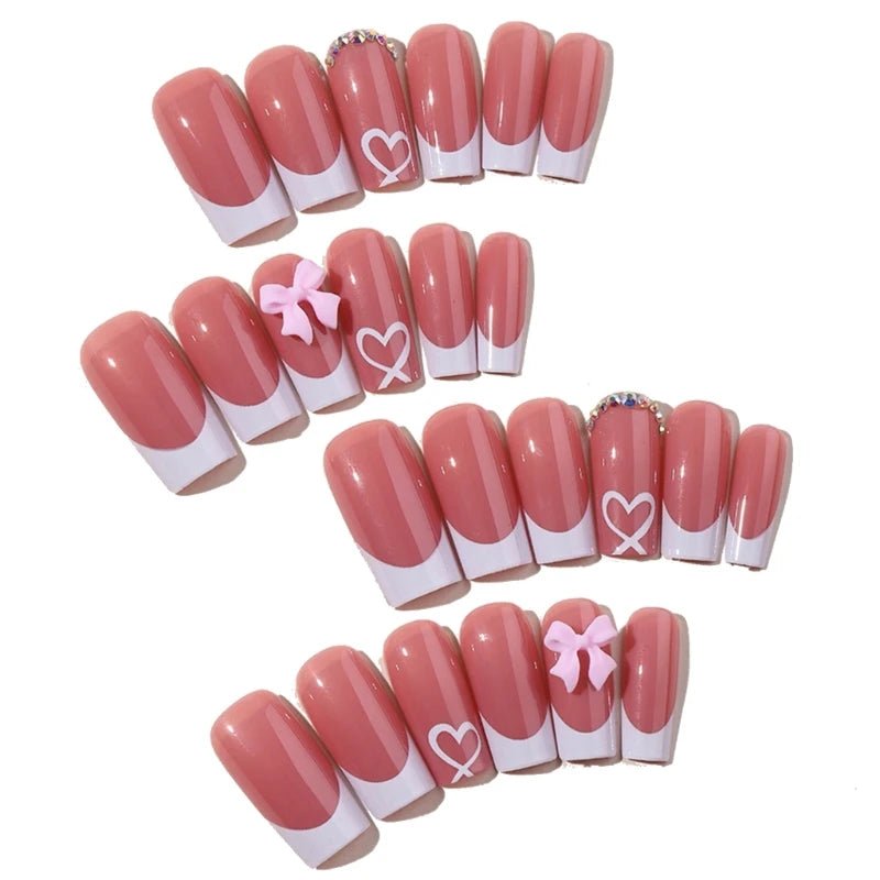 Chic Bow Tie Press - On Nails — Medium Long Glossy Beige Square Full Cover Acrylic Set - Mzunye