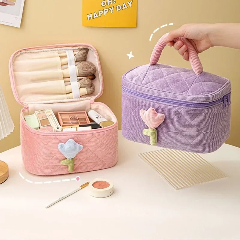 Corduroy Tulip Makeup Bag – Large Capacity Travel Cosmetic Organizer - Mzunye