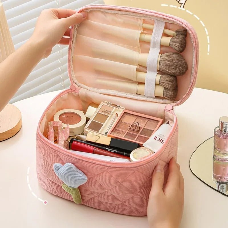 Corduroy Tulip Makeup Bag – Large Capacity Travel Cosmetic Organizer - Mzunye