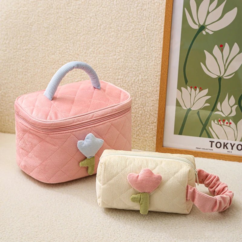 Corduroy Tulip Makeup Bag – Large Capacity Travel Cosmetic Organizer - Mzunye