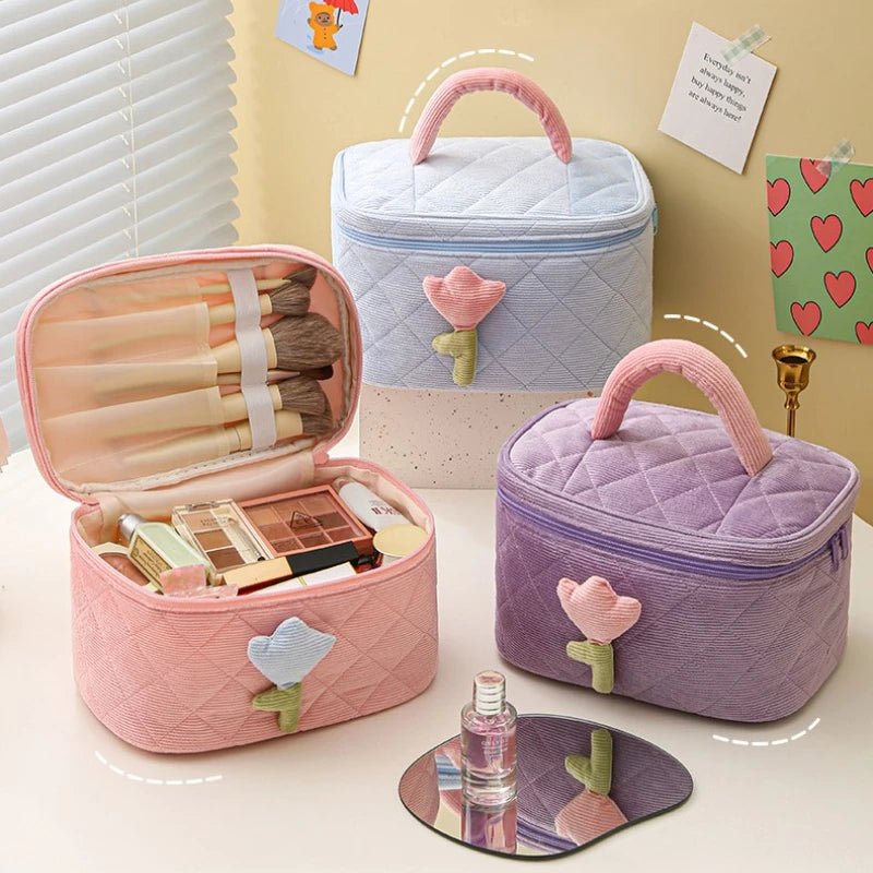 Corduroy Tulip Makeup Bag – Large Capacity Travel Cosmetic Organizer - Mzunye