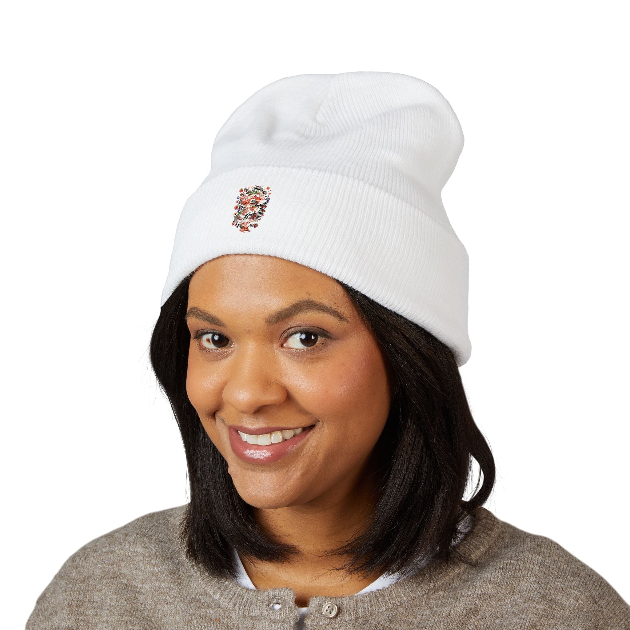 Embroidered Floral Skull Cuffed Beanie — Lightweight White Winter Hat - Mzunye