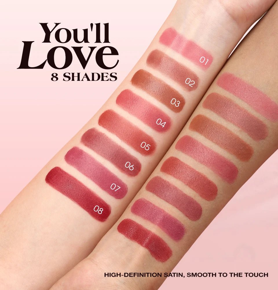 Hydrating Satin Lipstick — Long - Lasting Moisturizing Nourishing Plump Lips Glowing Finish in 8 Shades - Mzunye