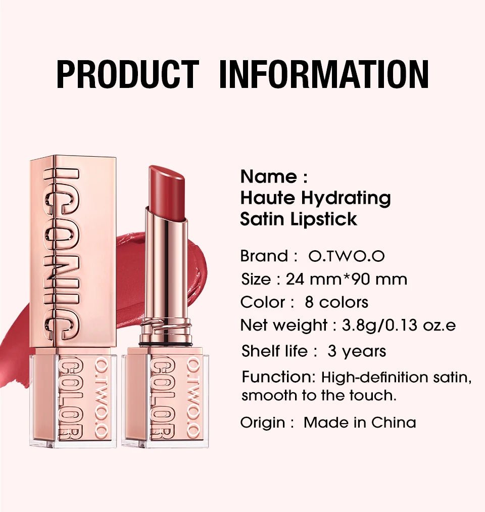 Hydrating Satin Lipstick — Long - Lasting Moisturizing Nourishing Plump Lips Glowing Finish in 8 Shades - Mzunye