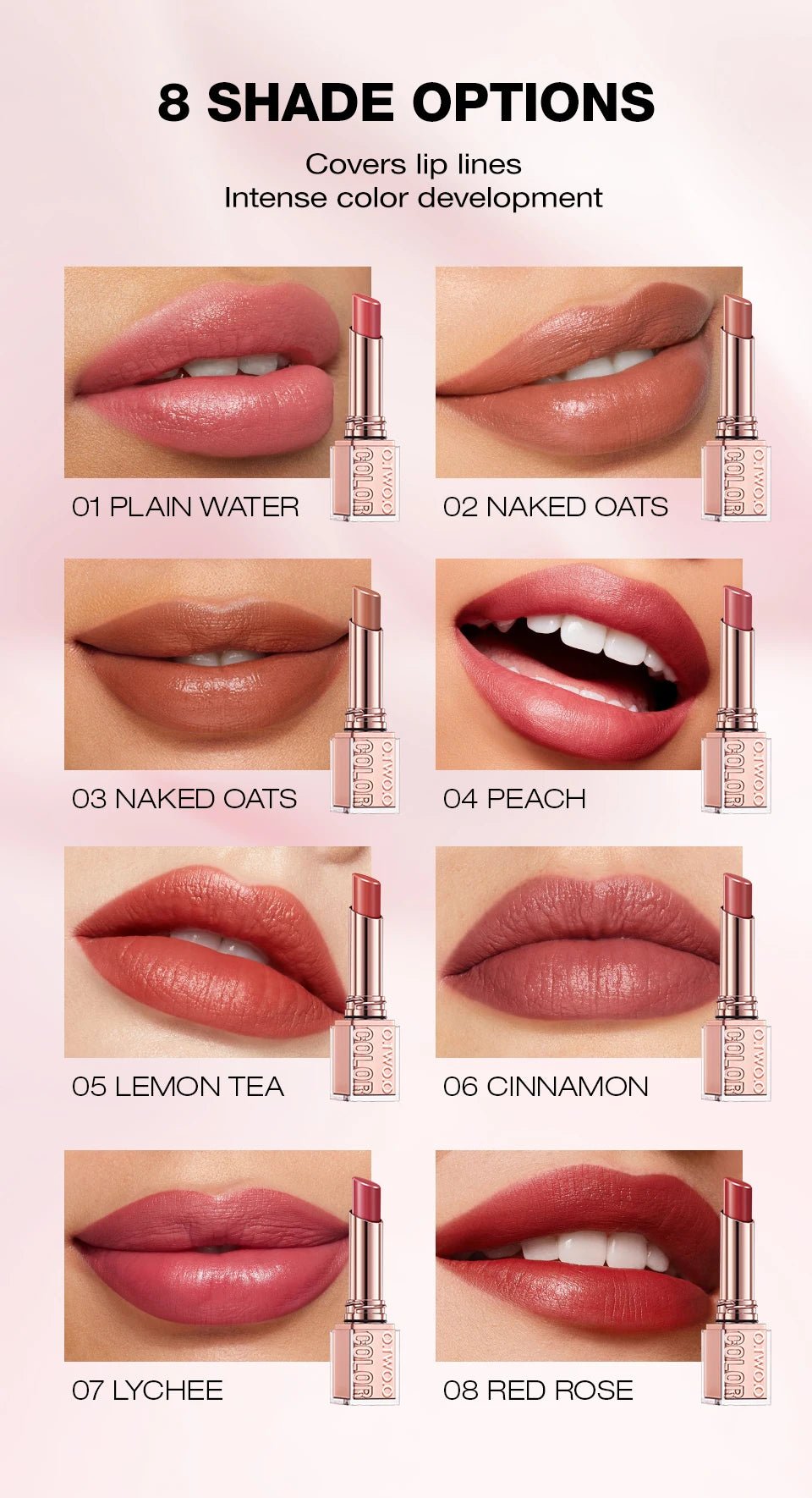 Hydrating Satin Lipstick — Long - Lasting Moisturizing Nourishing Plump Lips Glowing Finish in 8 Shades - Mzunye