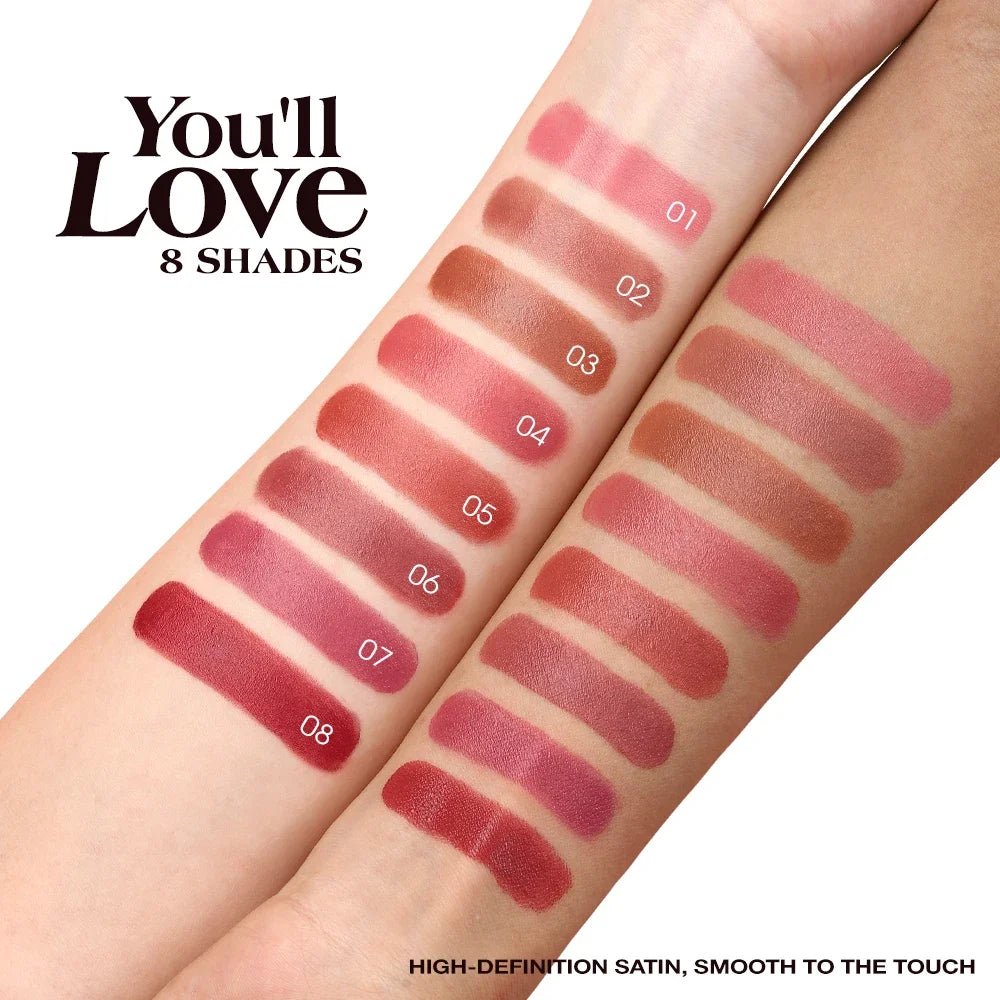 Hydrating Satin Lipstick — Long - Lasting Moisturizing Nourishing Plump Lips Glowing Finish in 8 Shades - Mzunye