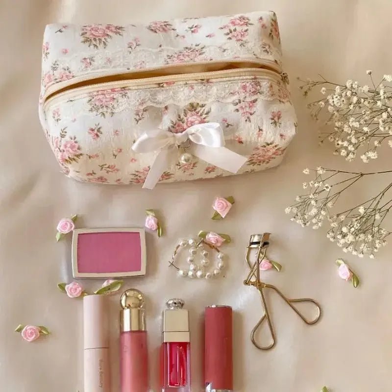 Lace Bow Ruffle Makeup Organizer — Large Capacity Travel Cosmetic Bag | 7 Styles - Mzunye