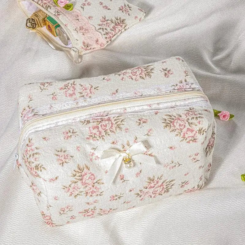 Lace Bow Ruffle Makeup Organizer — Large Capacity Travel Cosmetic Bag | 7 Styles - Mzunye