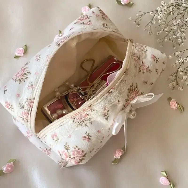 Lace Bow Ruffle Makeup Organizer — Large Capacity Travel Cosmetic Bag | 7 Styles - Mzunye