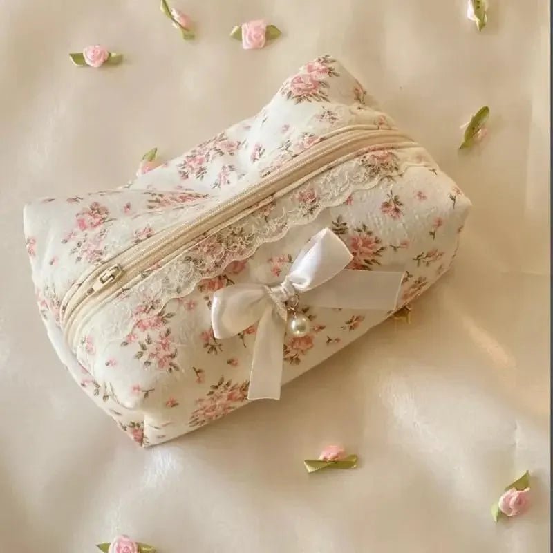 Lace Bow Ruffle Makeup Organizer — Large Capacity Travel Cosmetic Bag | 7 Styles - Mzunye