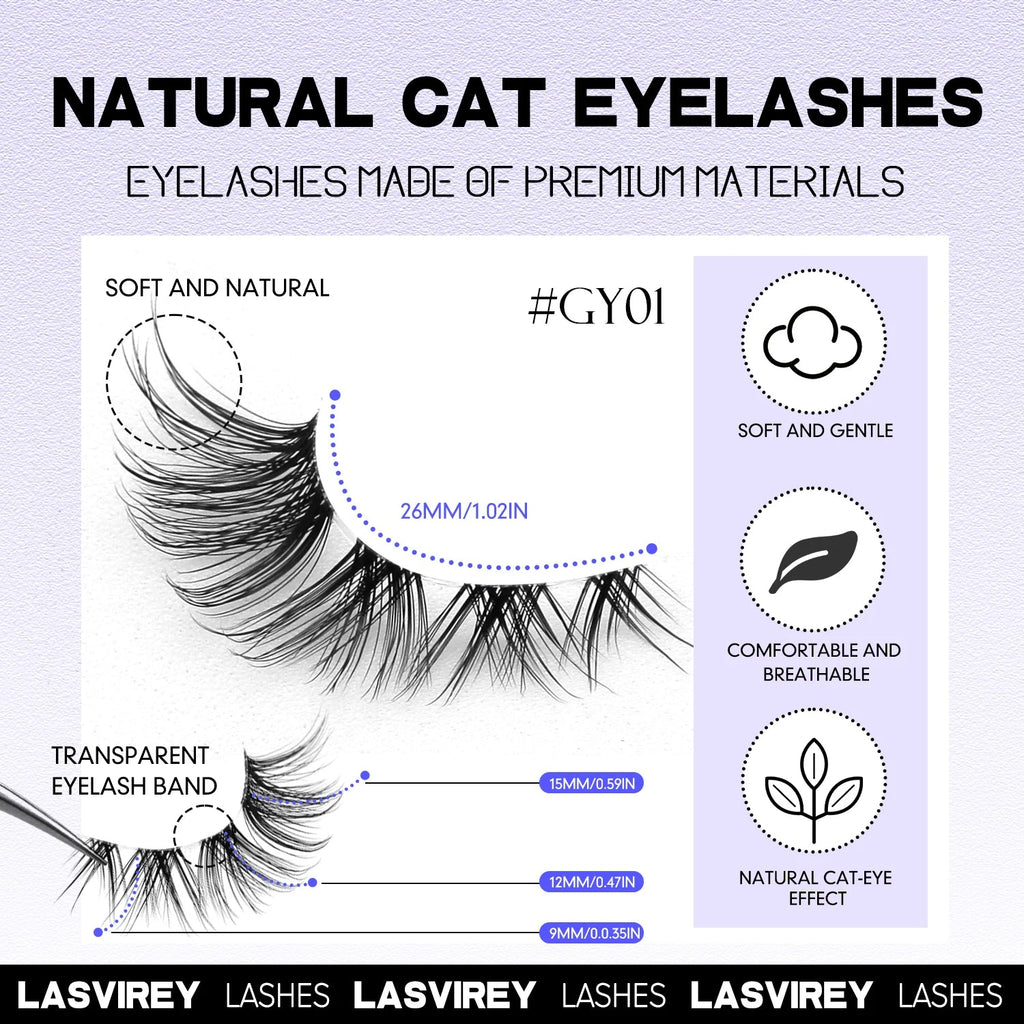 Lasvirey Cat Eye & Manga False Lashes — Faux Mink Strip Lashes with Clear Stem - Mzunye