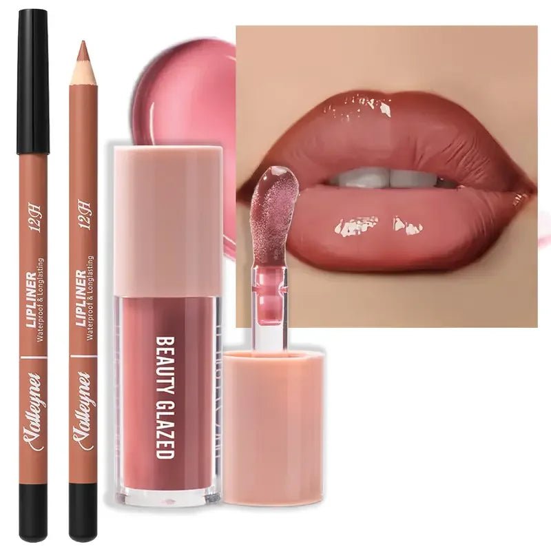 Matte Lip Liner & Glaze Combo Set — Waterproof Long - Lasting Red Brown Pink Beige Lip Makeup - Mzunye
