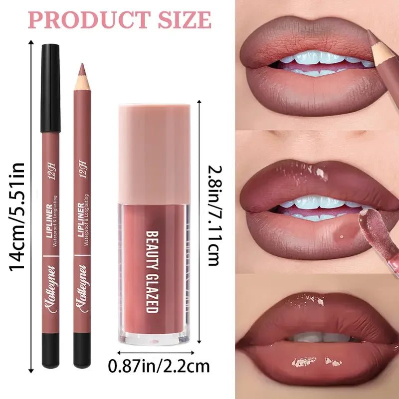 Matte Lip Liner & Glaze Combo Set — Waterproof Long - Lasting Red Brown Pink Beige Lip Makeup - Mzunye