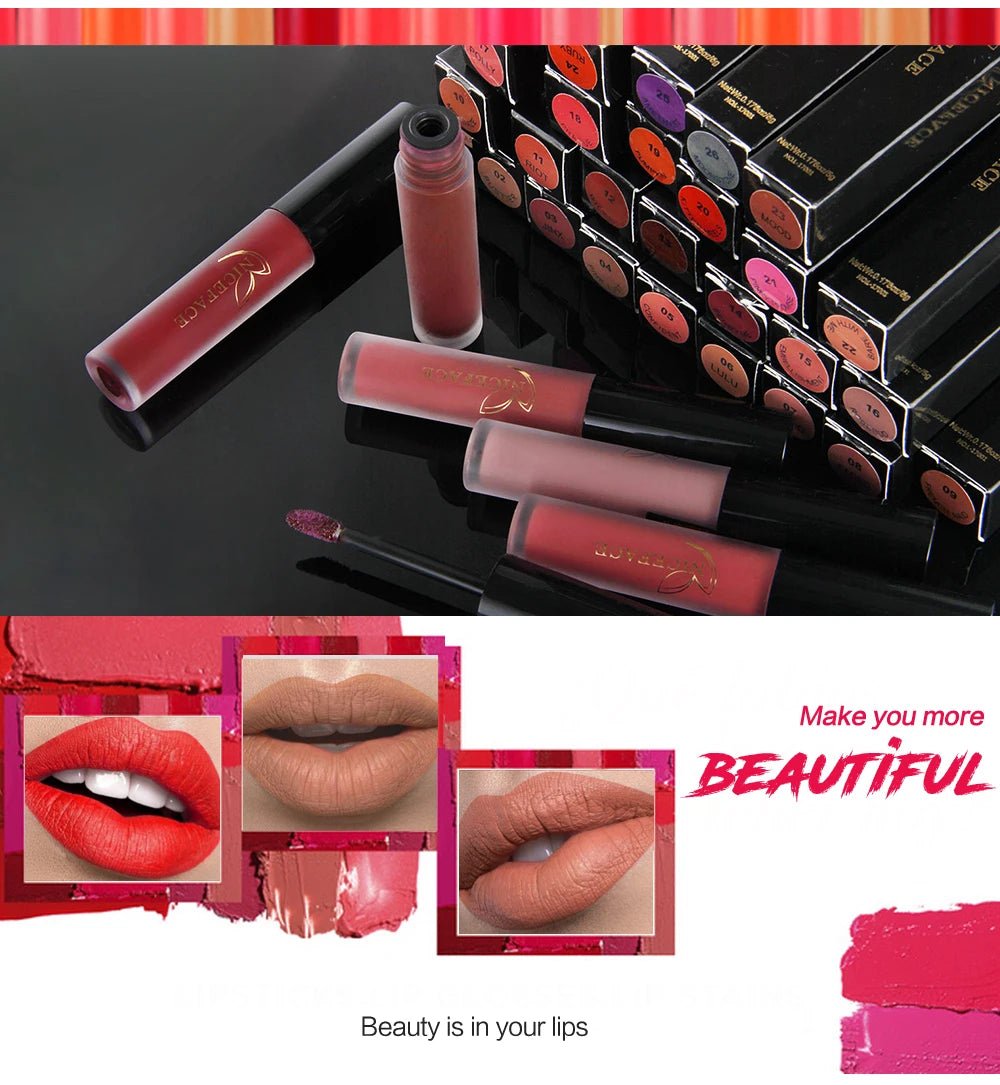 Matte Liquid Lipstick — Waterproof Long - Lasting Red Beige Purple Metallic Lip Gloss in 23 Shades - Mzunye