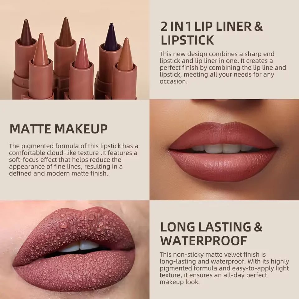Matte Velvet Gradient Lip Liner — Smooth Long - Lasting Elegant Lip Pencil in 6 Shades - Mzunye