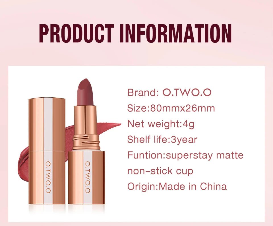 O.TWO.O Matte Velvet Lipstick — Long - Lasting Waterproof Smudge - Free High Pigment Lip Tint in 11 Shades - Mzunye