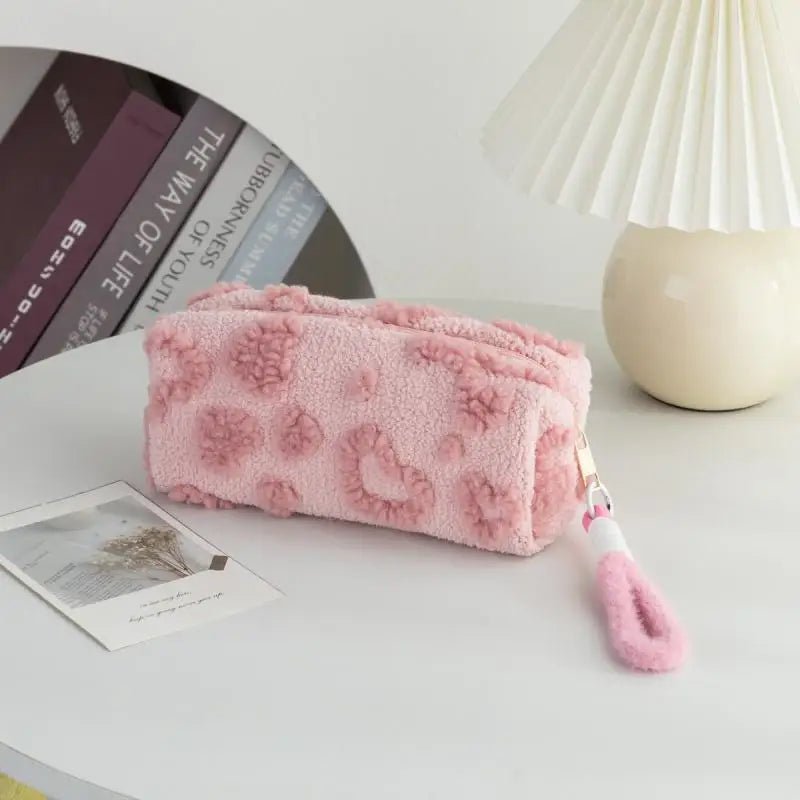 Plush Heart Makeup Bag – Cute Large Capacity Travel Cosmetic Organizer with Lanyard - Mzunye