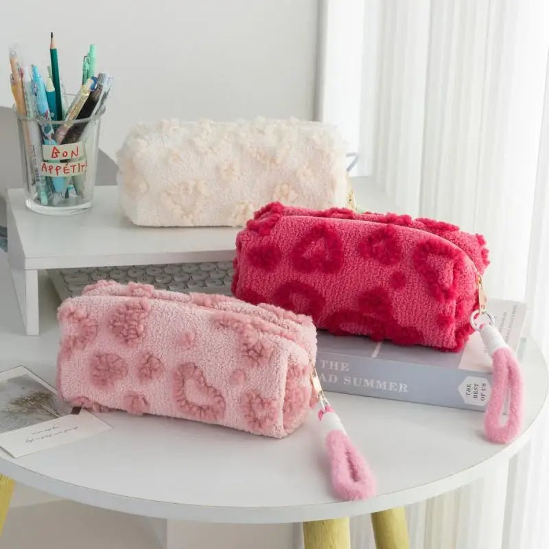 Plush Heart Makeup Bag – Cute Large Capacity Travel Cosmetic Organizer with Lanyard - Mzunye
