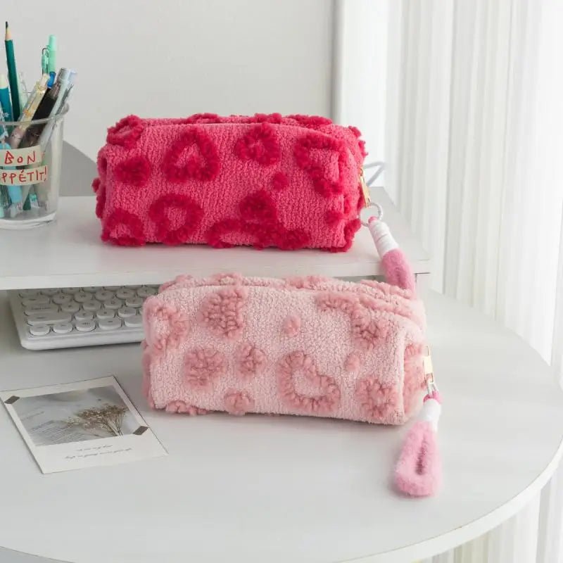 Plush Heart Makeup Bag – Cute Large Capacity Travel Cosmetic Organizer with Lanyard - Mzunye