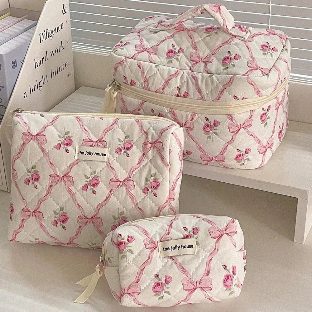 Quilted Bow Cosmetic Bag – Floral Makeup & Travel Organizer - Mzunye