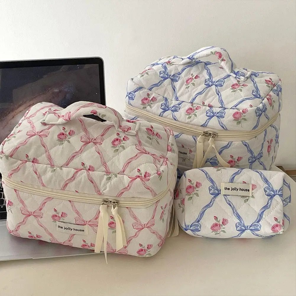 Quilted Bow Cosmetic Bag – Floral Makeup & Travel Organizer - Mzunye