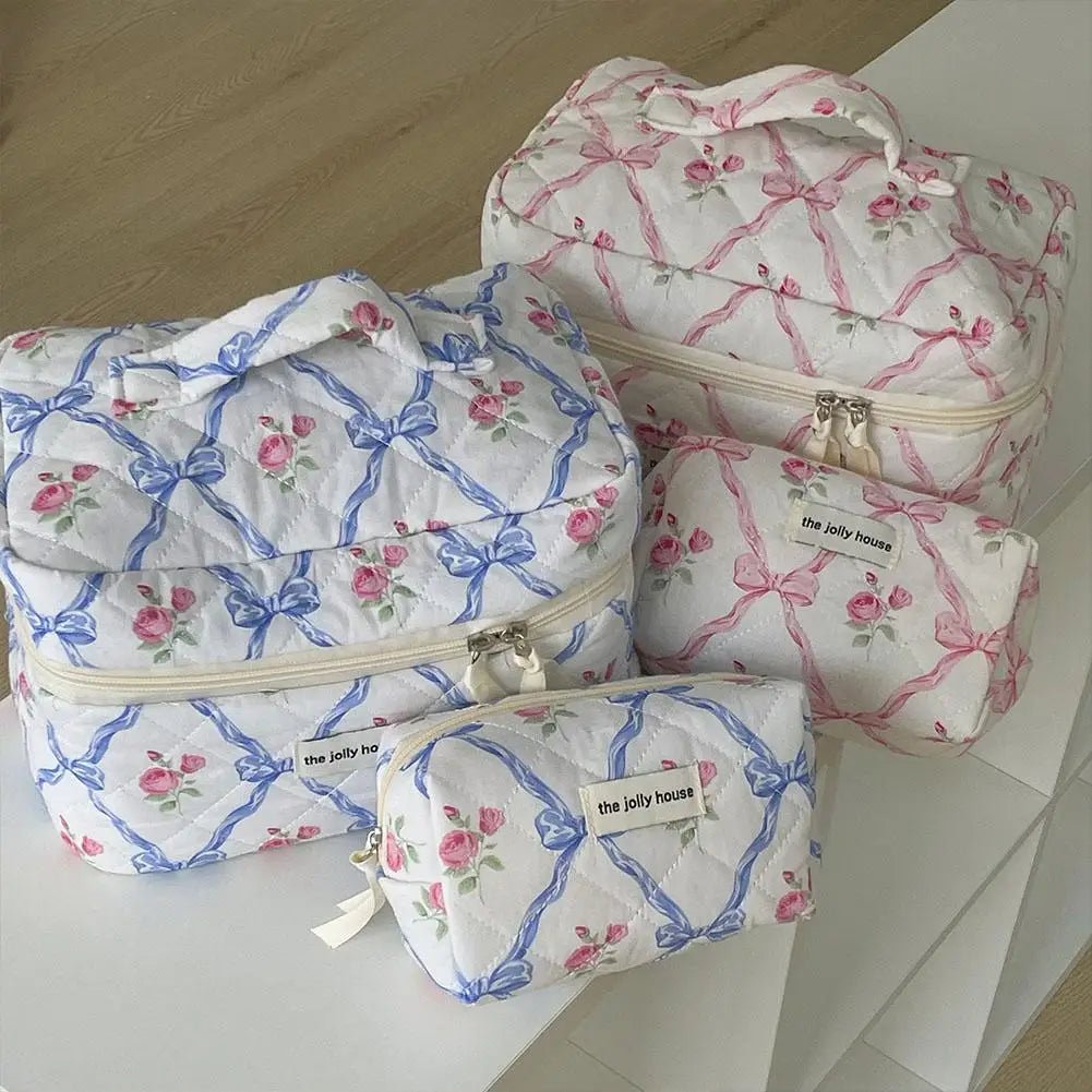 Quilted Bow Cosmetic Bag – Floral Makeup & Travel Organizer - Mzunye