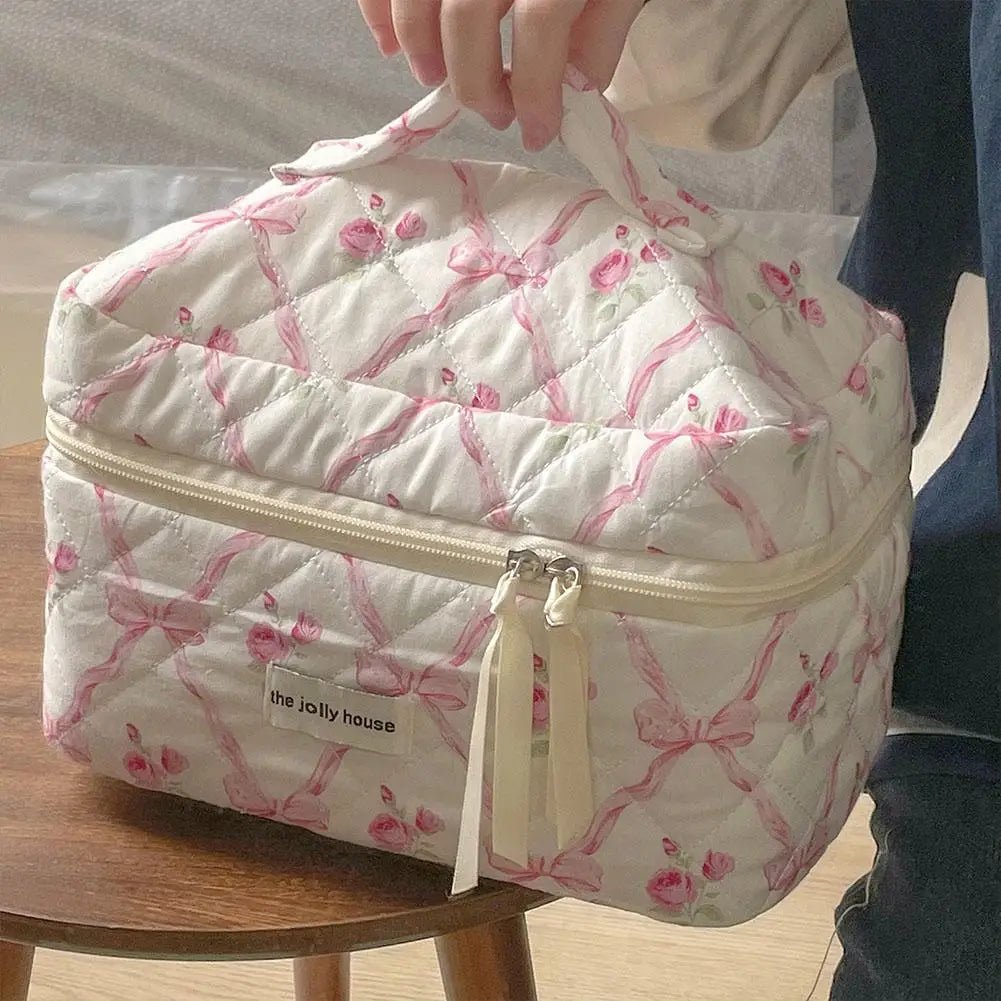 Quilted Bow Cosmetic Bag – Floral Makeup & Travel Organizer - Mzunye