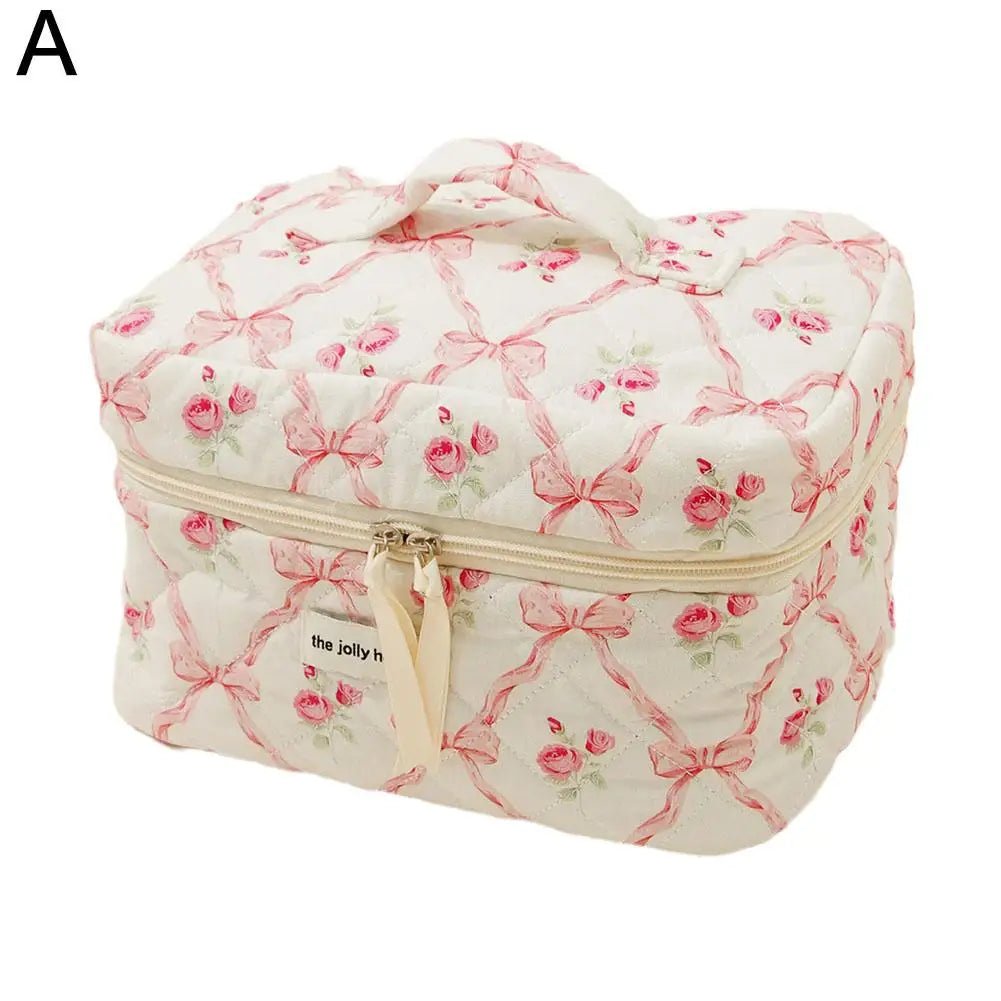 Quilted Bow Cosmetic Bag – Floral Makeup & Travel Organizer - Mzunye