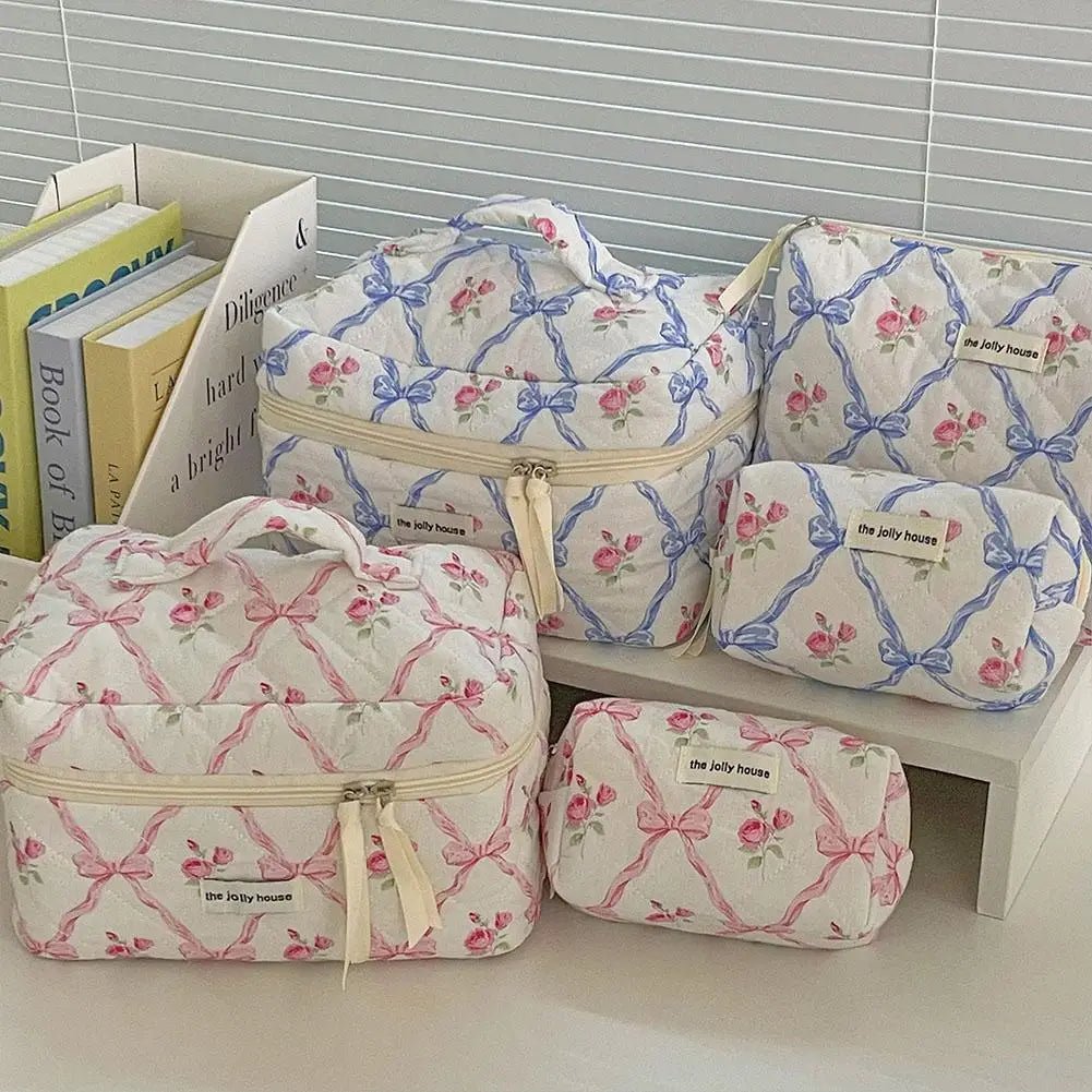 Quilted Bow Cosmetic Bag – Floral Makeup & Travel Organizer - Mzunye