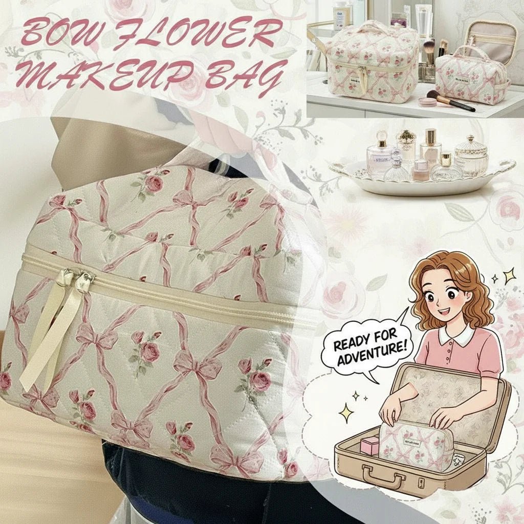 Quilted Bow Makeup Bag – Portable Cosmetic & Toiletry Organizer - Mzunye