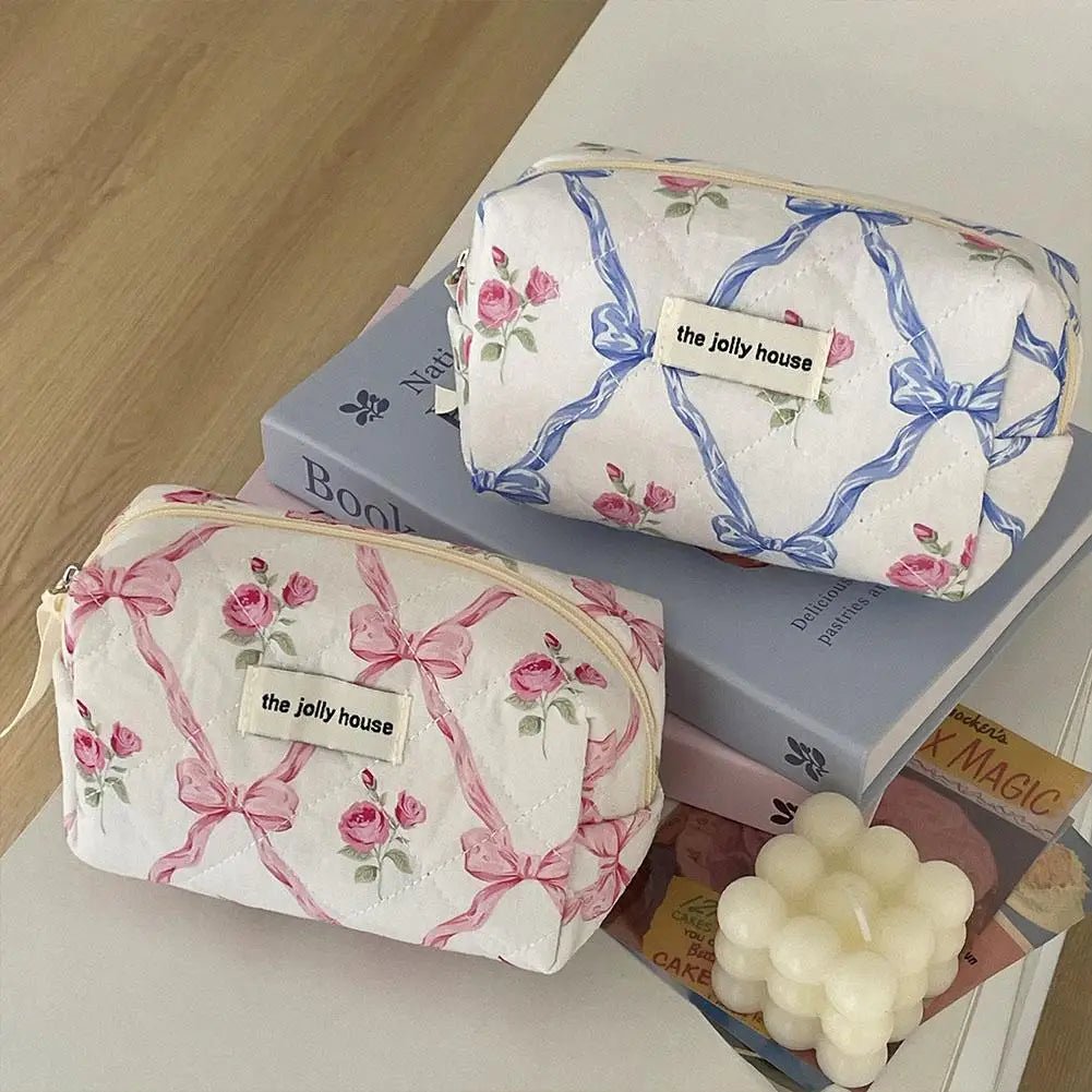 Quilted Bow Makeup Bag – Portable Cosmetic & Toiletry Organizer - Mzunye