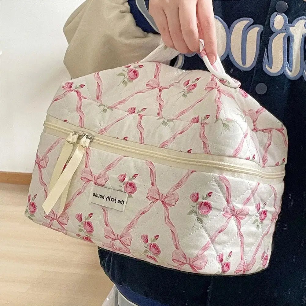 Quilted Bow Makeup Bag – Portable Cosmetic & Toiletry Organizer - Mzunye